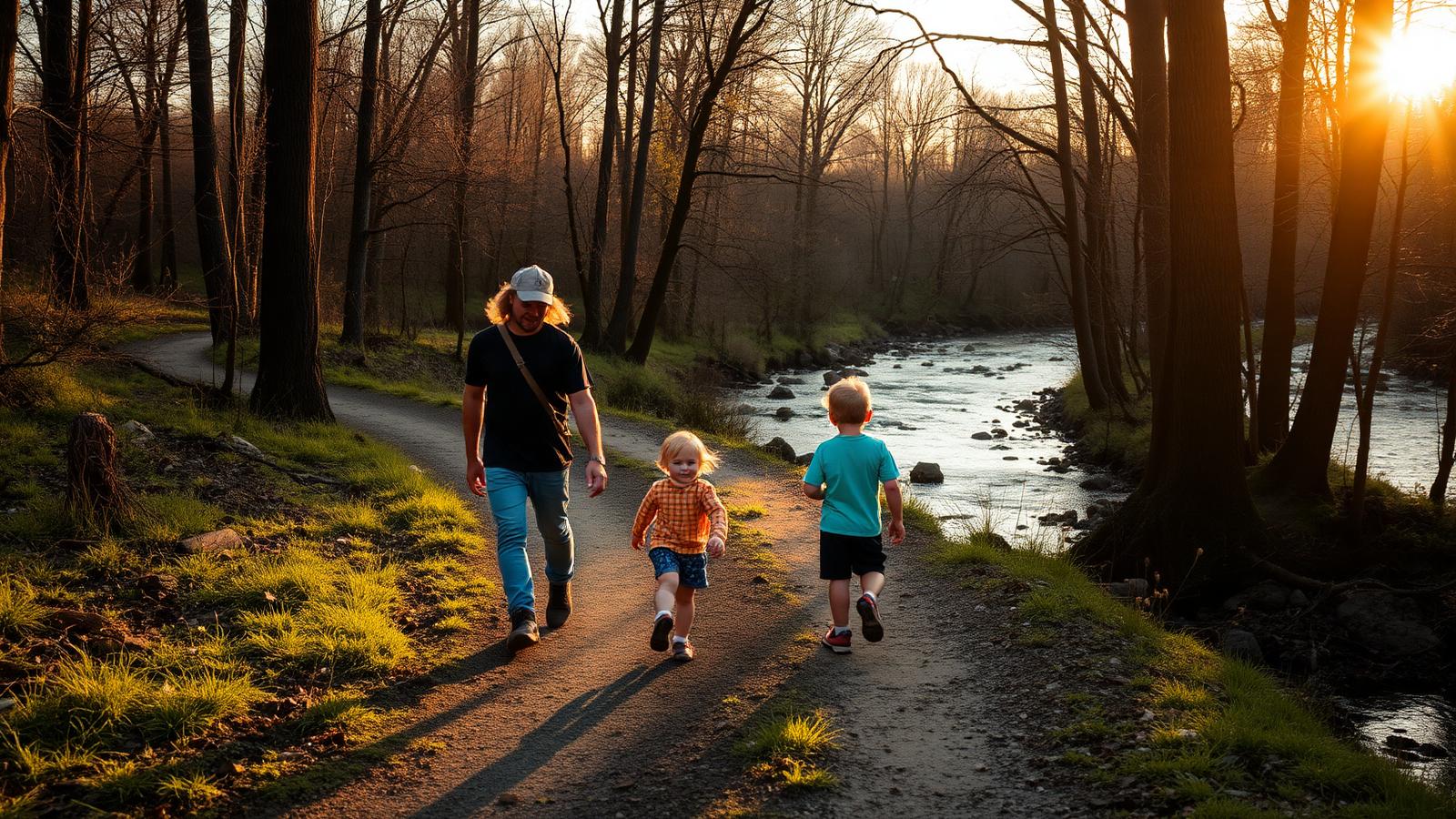 A family walking a woodland trail beside a river at golden hour